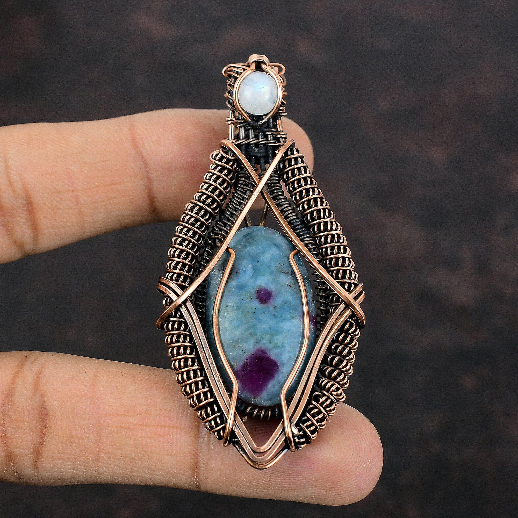 Ruby In Blue Kyanite Copper Pendant Wire Wrapped Pendant Gemstone Copper Jewelry Moonstone Handmade Pendant Wire Wrap Jewelry Gift For Him