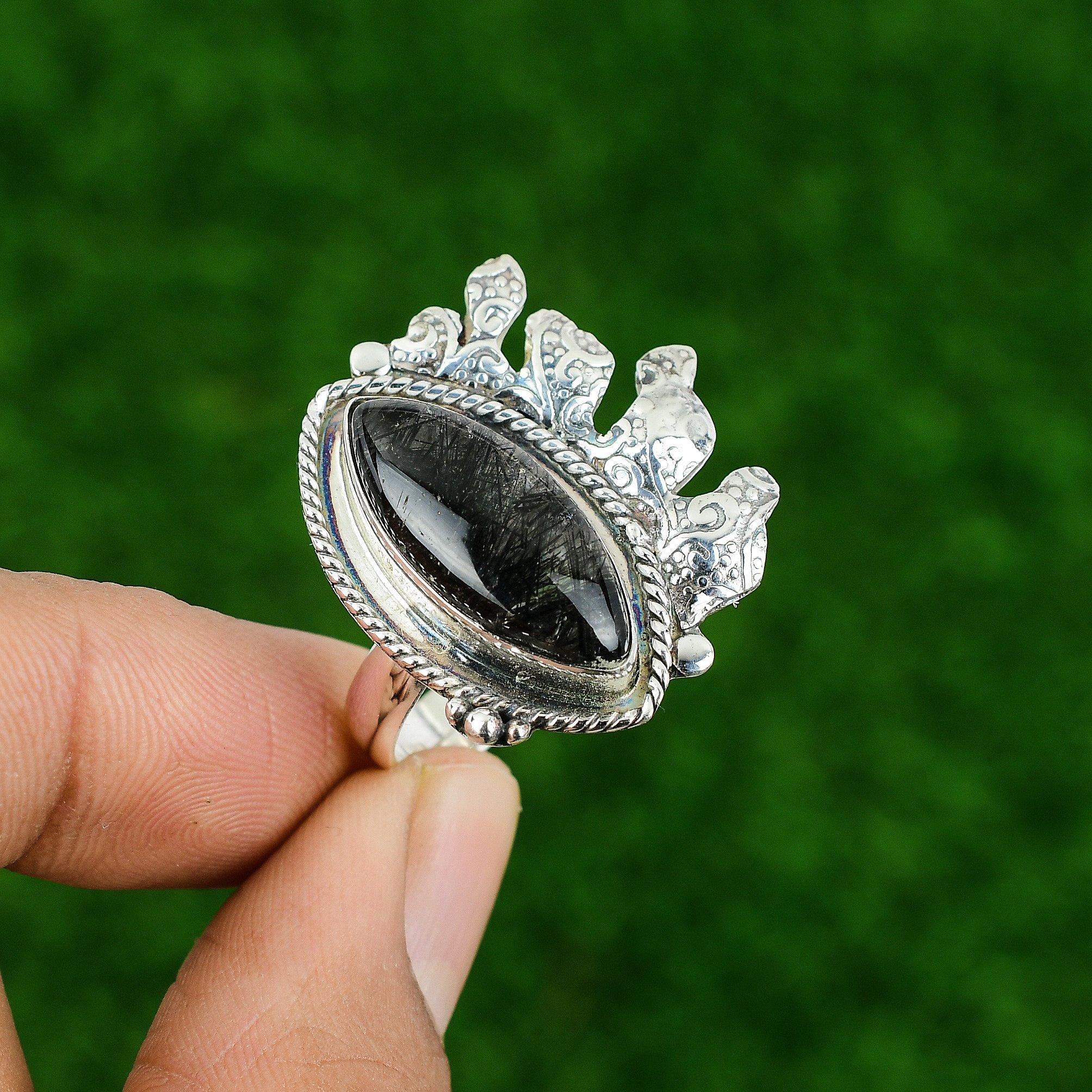 Natural Black Rutile Gemstone 925 Silver Promise Adjustable Ring For Women
