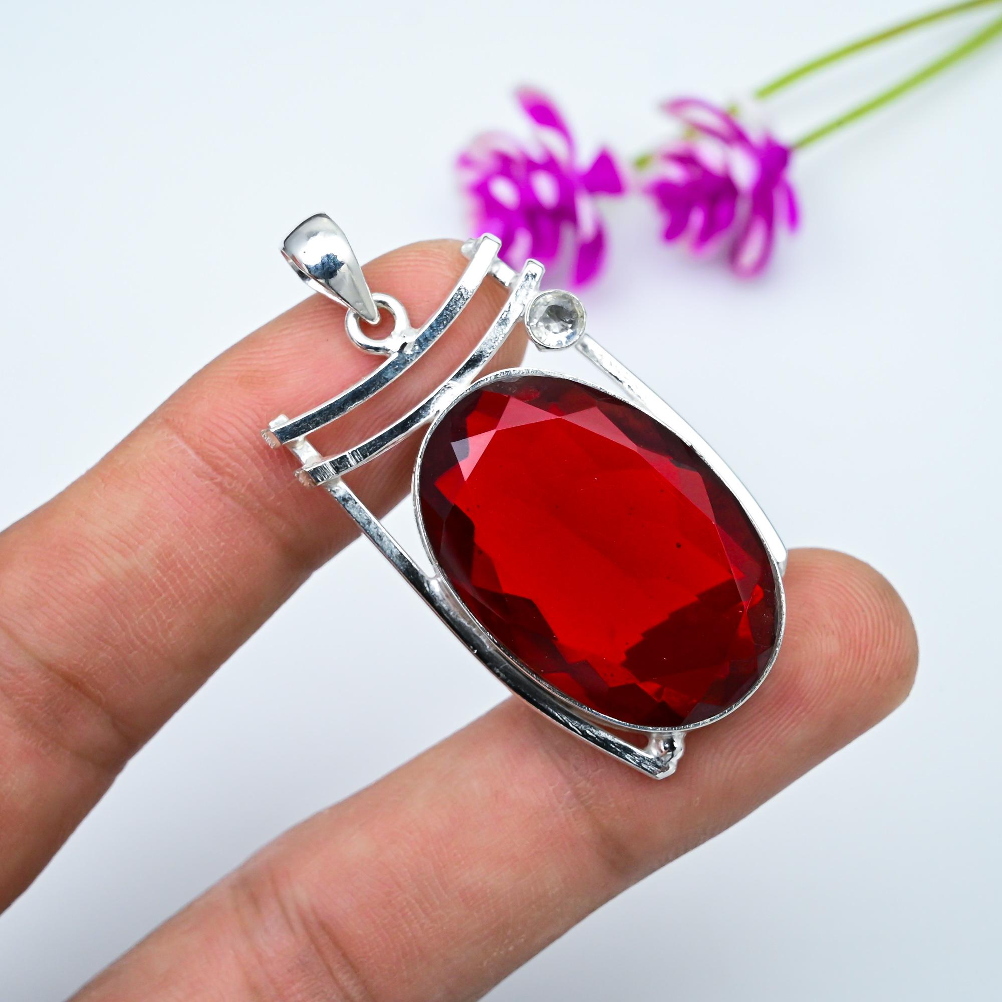 Garnet, White Topaz 925 Solid Sterling Silver Pendant, Handmade Gemstone Pendant Jewelry, Gifts For Wife Brand New Pendant