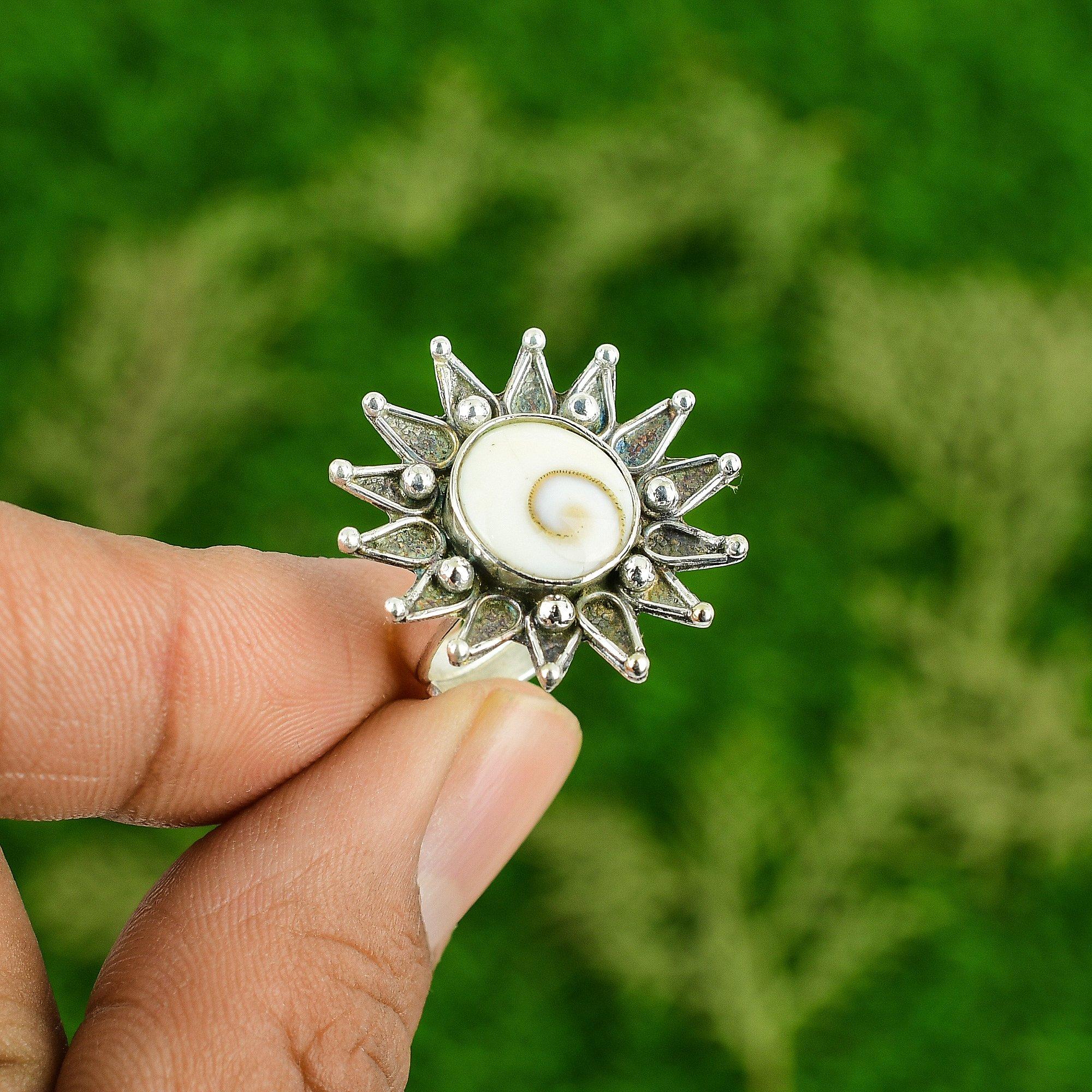 925 Sterling Silver Oval Shiva Eye Shell Stone New Stackable Flower Ring Jewelry