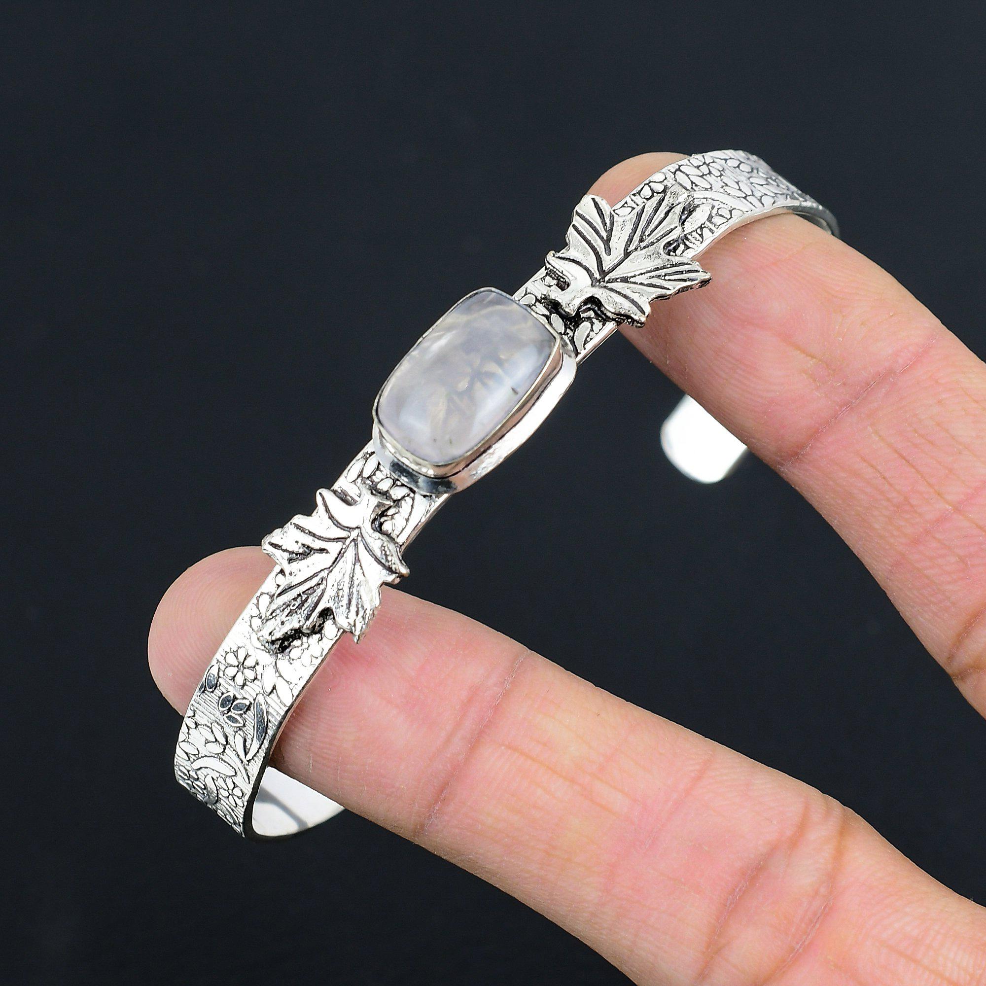 925 Sterling Silber Strahlender Natürlicher Rosenquarz Mutter Handgefertigt Boho Armreif
