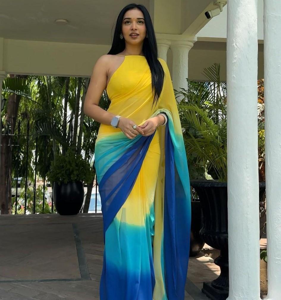 Trending Indian Ready To Wear Yellow Georgette Silk Saree