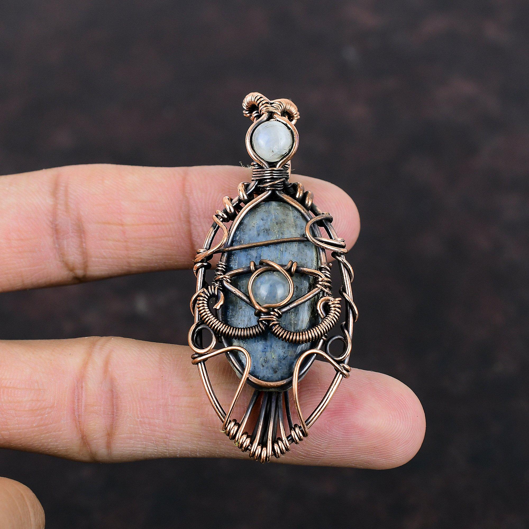 Evil Eye Kyanite Pendant Copper Wire Wrapped Pendant Gemstone Jewelry Rainbow Moonstone Pendant Copper Jewelry Handmade Pendant Gift For Him