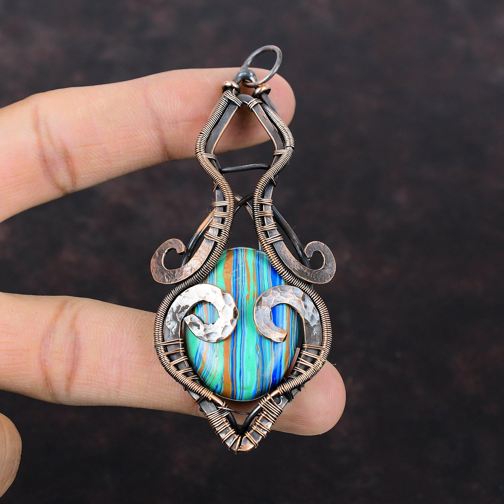 Pandantiv Calsilica Curcubeu Pandantiv Înfășurat în Sârmă de Cupru Bijuterii Handmade Pandantiv cu Piatră Prețioasă de Înaltă Calitate Bijuterii Frumoase din Cupru Cadou Pentru Femei