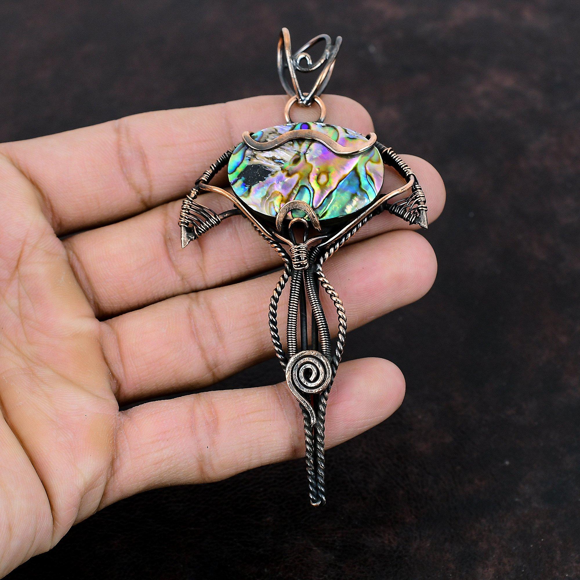 Abalone Shell Pendant Copper Wire Wrapped Pendant Handmade Pendant Gemstone Jewelry Ethnic Pendant Special Occasion Gift Copper Wire Jewelry