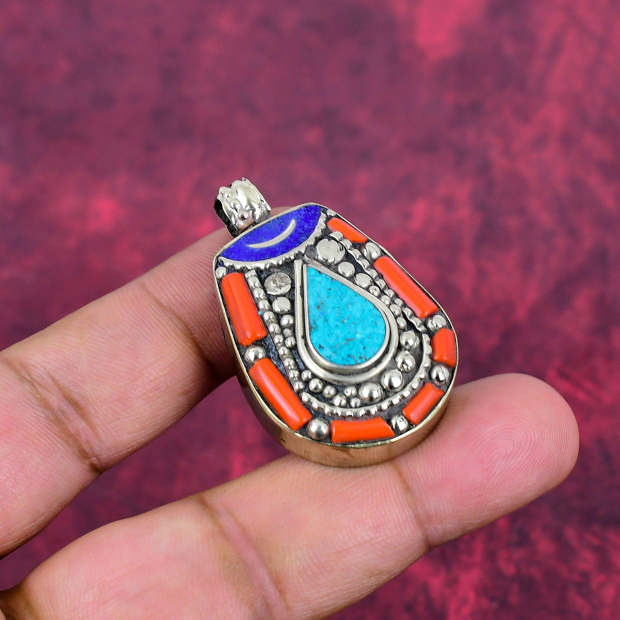 Turquoise, Coral , Lapis Lazuli Pendant Handmade Gemstone Jewelry, 925 Solid Sterling Silver Pendant ,Unique Design Jewelry Pendant