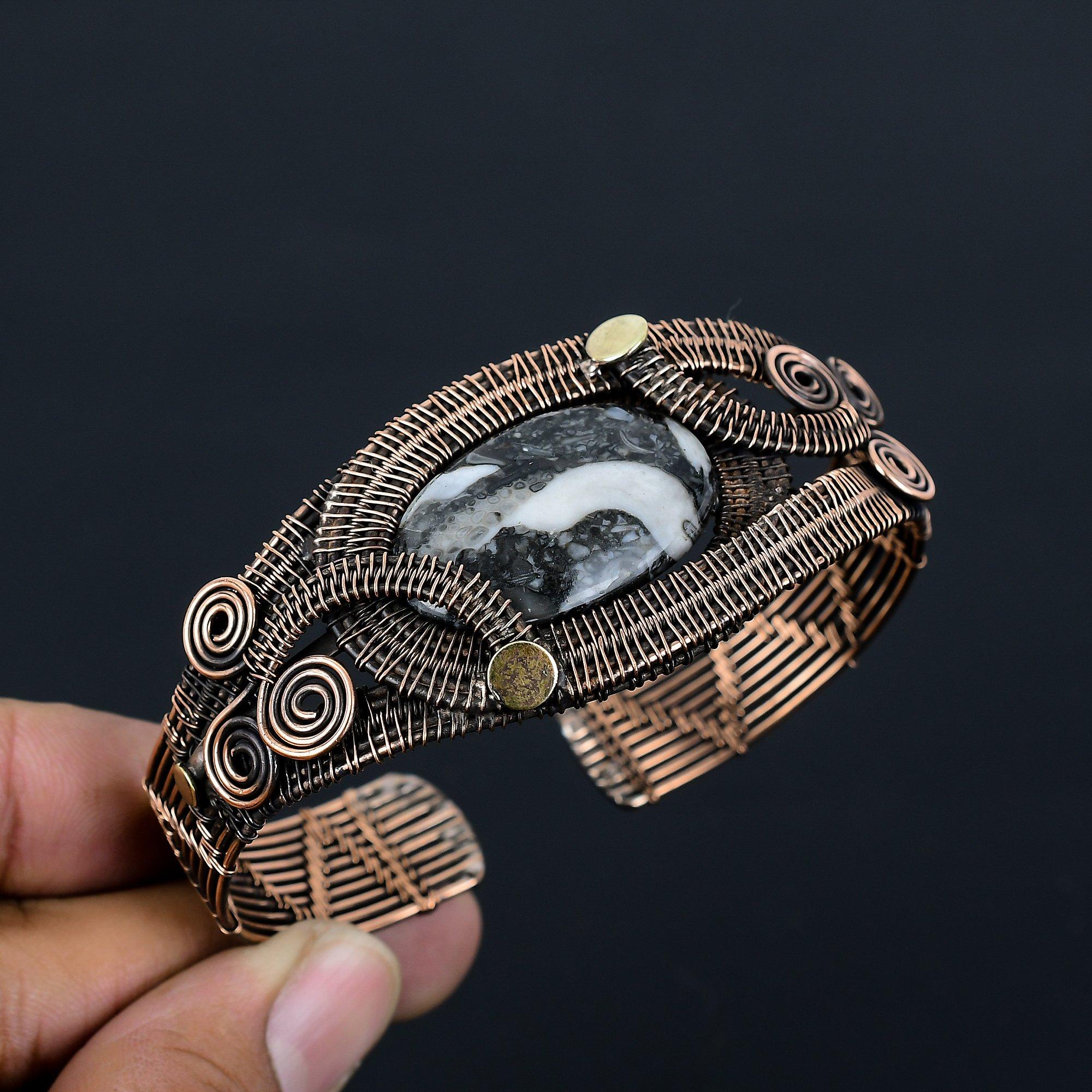 Zebra Jasper Gemstone Pure Copper Wire Wrapped Handmade Cuff/Bangle Jewelry