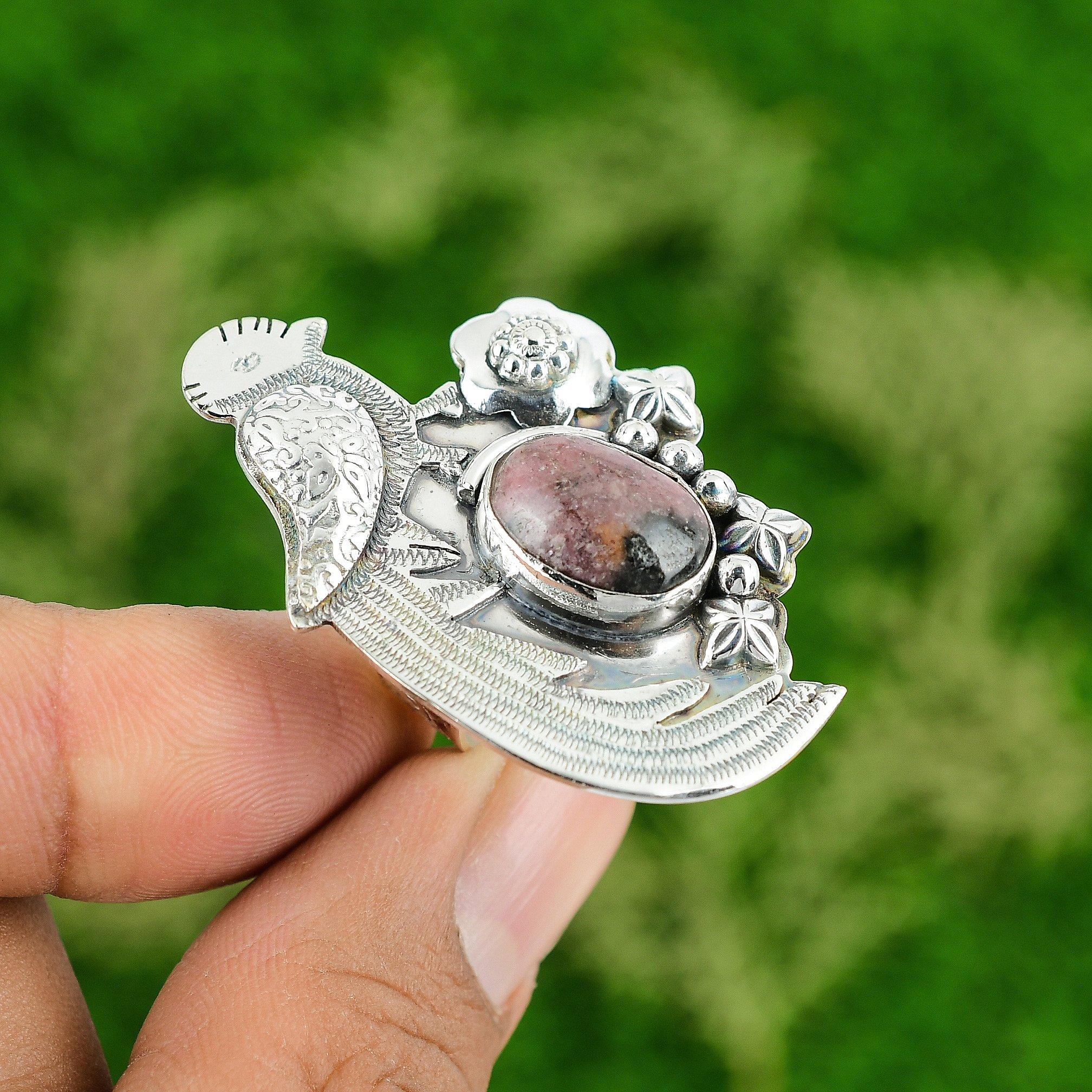 Natural Rhodonite Gemstone 925 Silver Promise Bird Adjustable Ring For Girls