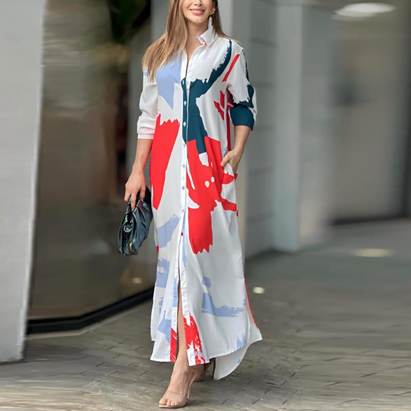 Women's Long Sleeve Lapel Fashion Casual Long Printed Loose Shirt Dress