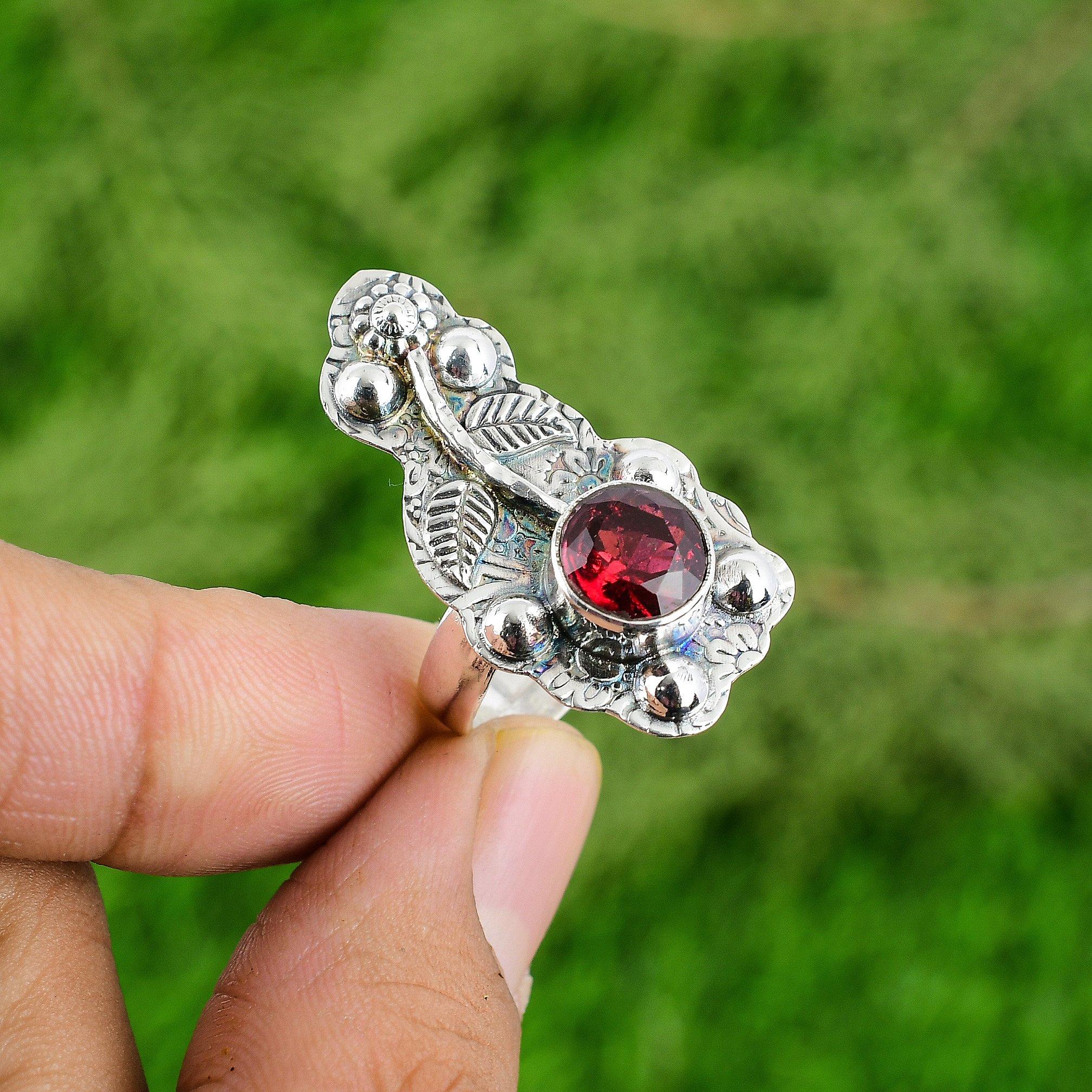 Mozambique Garnet Gemstone 925 Silver Mother Stackable Flower New Ring Jewelry