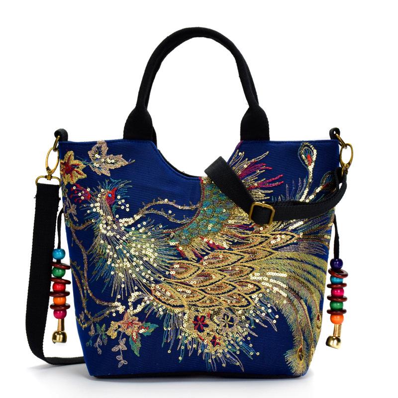 Skinnende paljetter Peacock Brodert Dame Lerret Totes Bag, Summer Shopping Skulderveske Vintage Beaded String Handbag