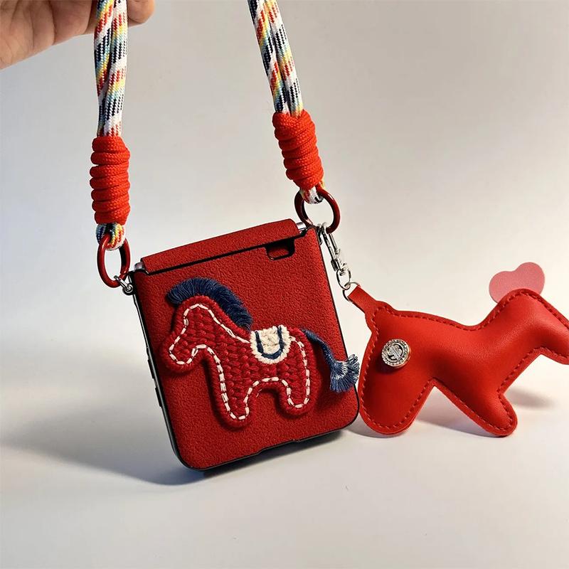 Horse Year Red Phone Case for Samsung Galaxy Z Flip7 Zflip6 Zflip5 4 /Xiaomi Mix flip/Xiaomi Mix Flip 2 Case 3d Embroidery Ponny Cover