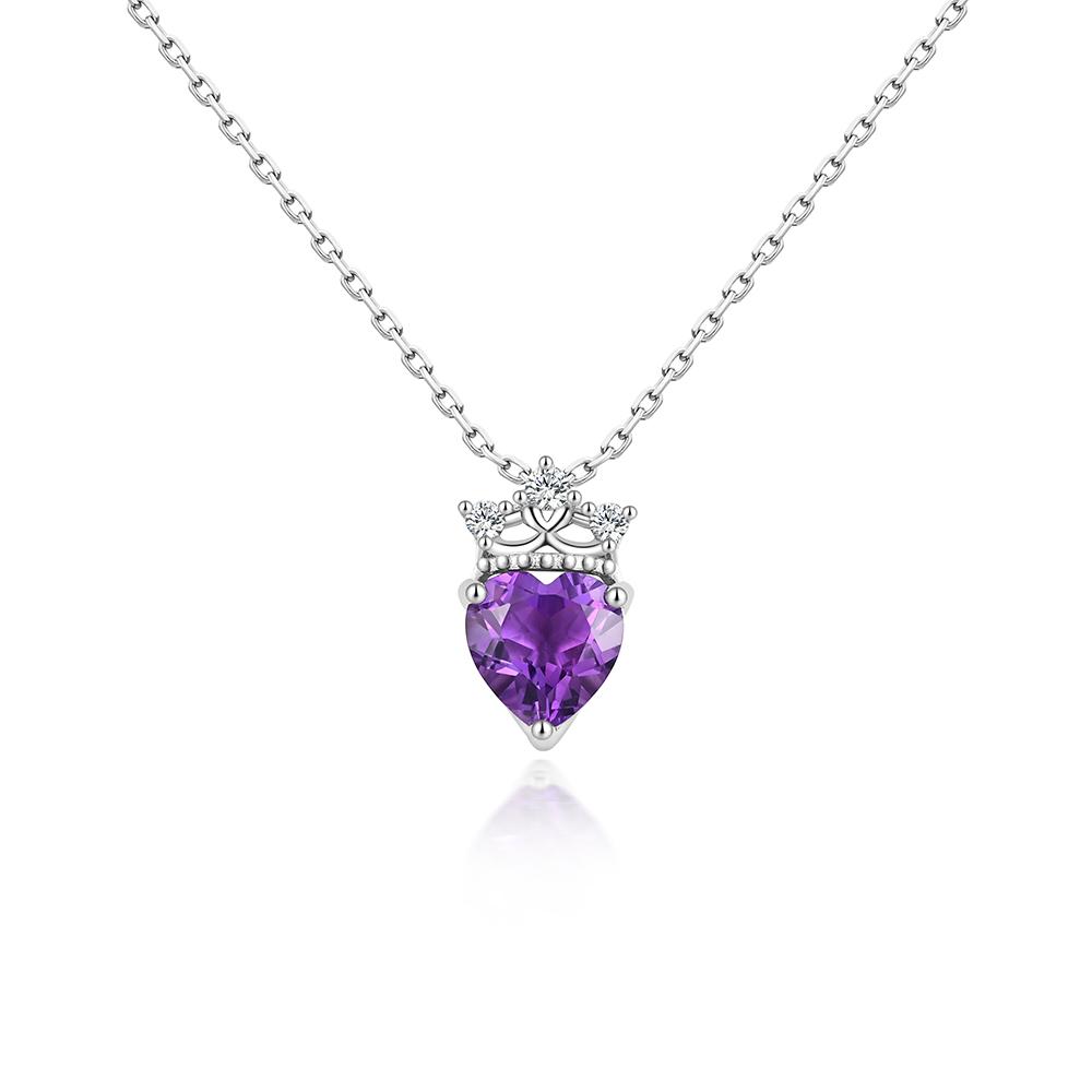 Heart 8.00mm nautral Amethyst pendant Crown design 925 Sterling silver necklace luxury fine jewelry for women's anniversary gift