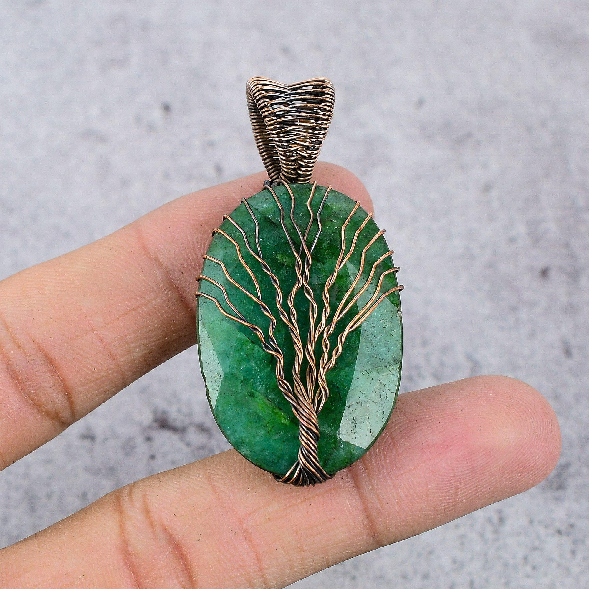 Pendentif Arbre de Vie Émeraude, Pendentif Enveloppé de Fil de Cuivre 999, Bijou en Pierre Précieuse, Pendentif Fait Main Bijou Incroyable, Cadeau Pour Elle