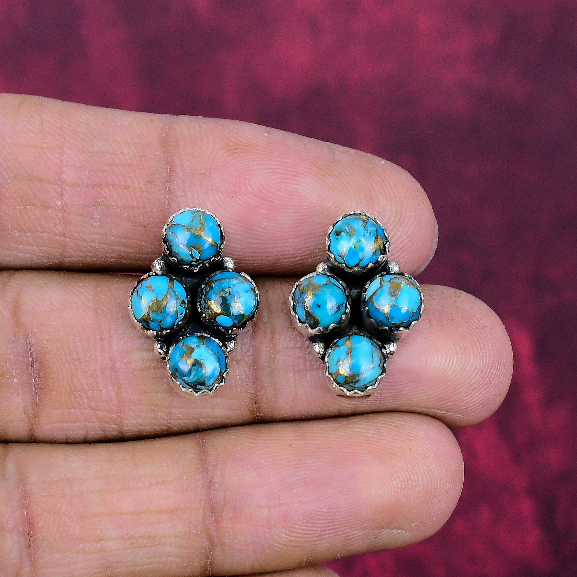 Blaue Kupfer Türkis Handgemachte Edelstein Ohrringe, 925 Sterling Silber Ohrringe Antiker Schmuck, Für Verlobungsgeschenk