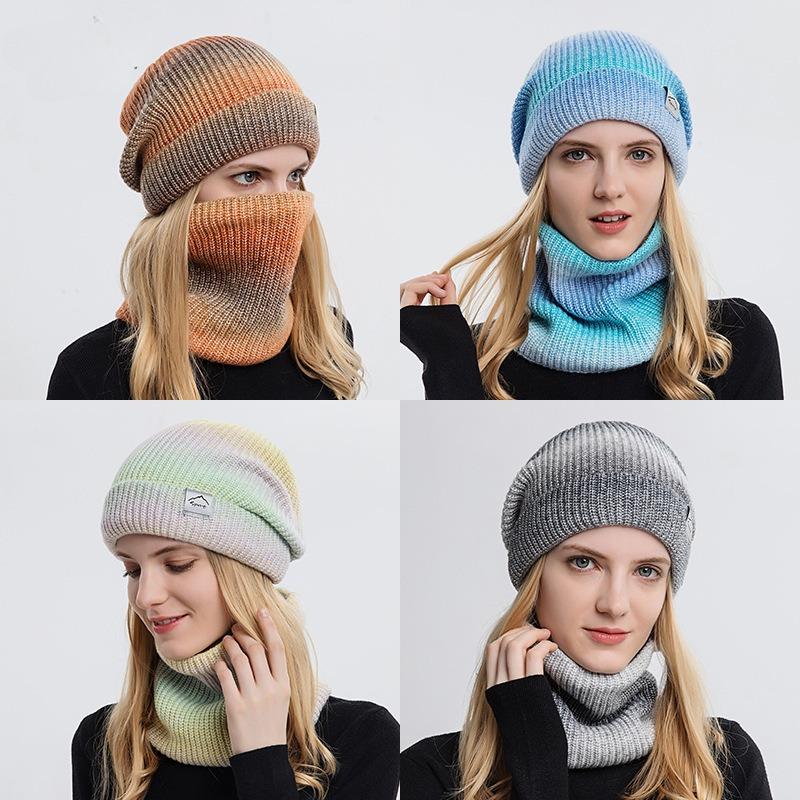Beautiful Temperament Hat Autumn and Winter Gradient Color Woolen Cap Thick Warm Earflaps Cold-Proof Knitted Hat Two-Piece Set