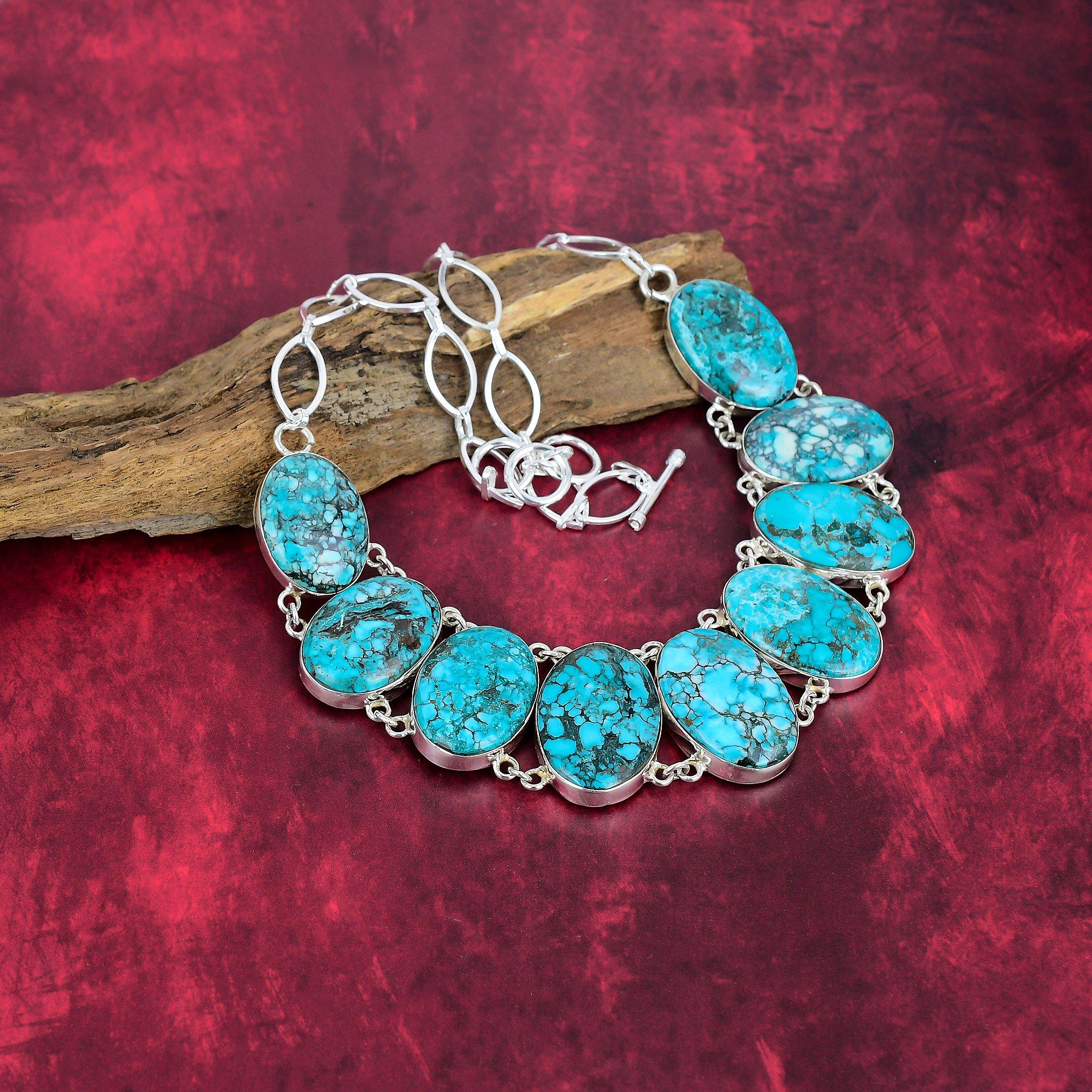 Blue Turquoise Handmade Gemstone Necklace, 925 Solid Sterling Silver Antique Jewelry Necklace, For Engagement Gift