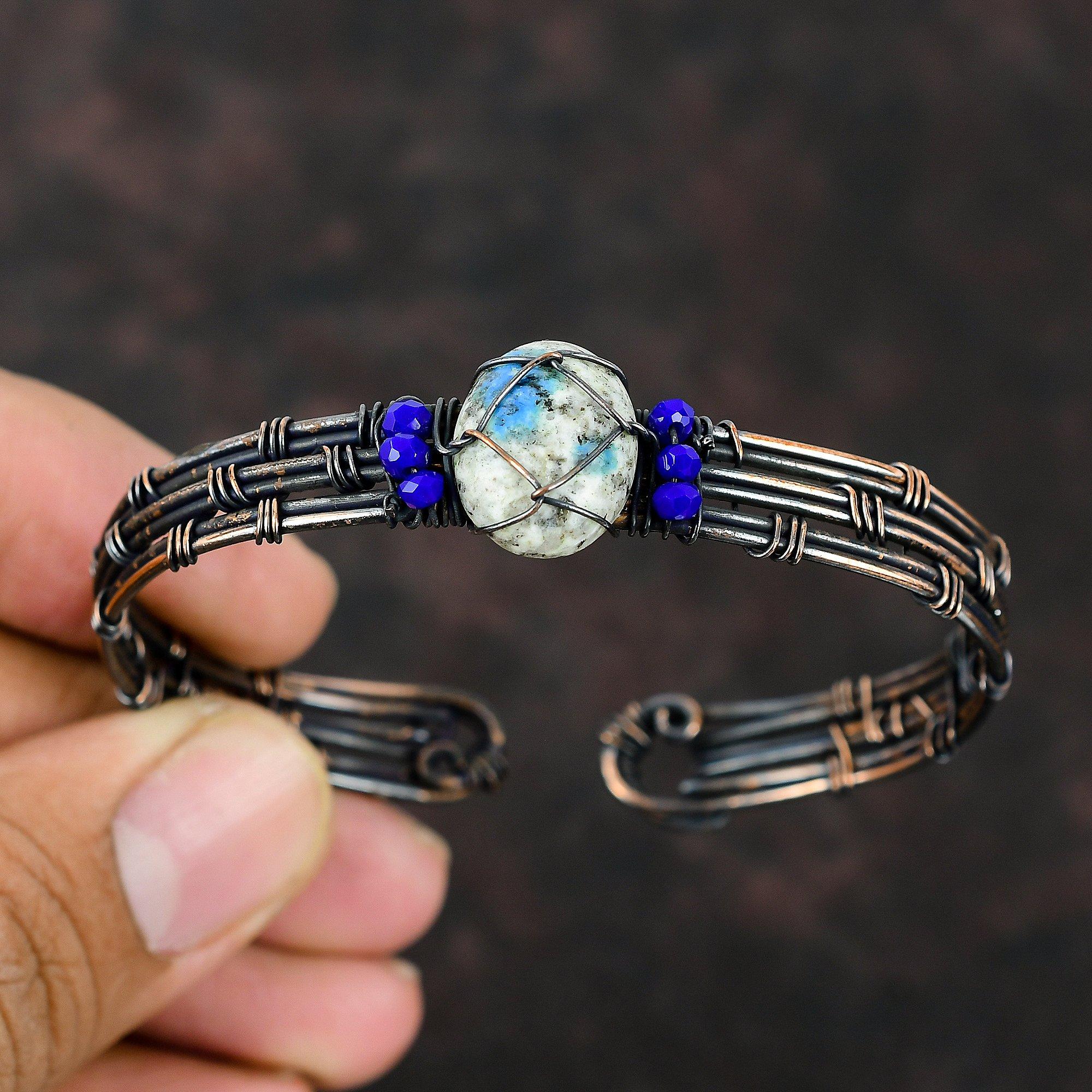 Náramek manžeta K2 Jaspis Lapis Lazuli Korálky Náramek Měděný Drát Ovinuté Šperky Nastavitelný Náramek Ručně Vyráběné Drahokamové Šperky Dárek Pro Matku
