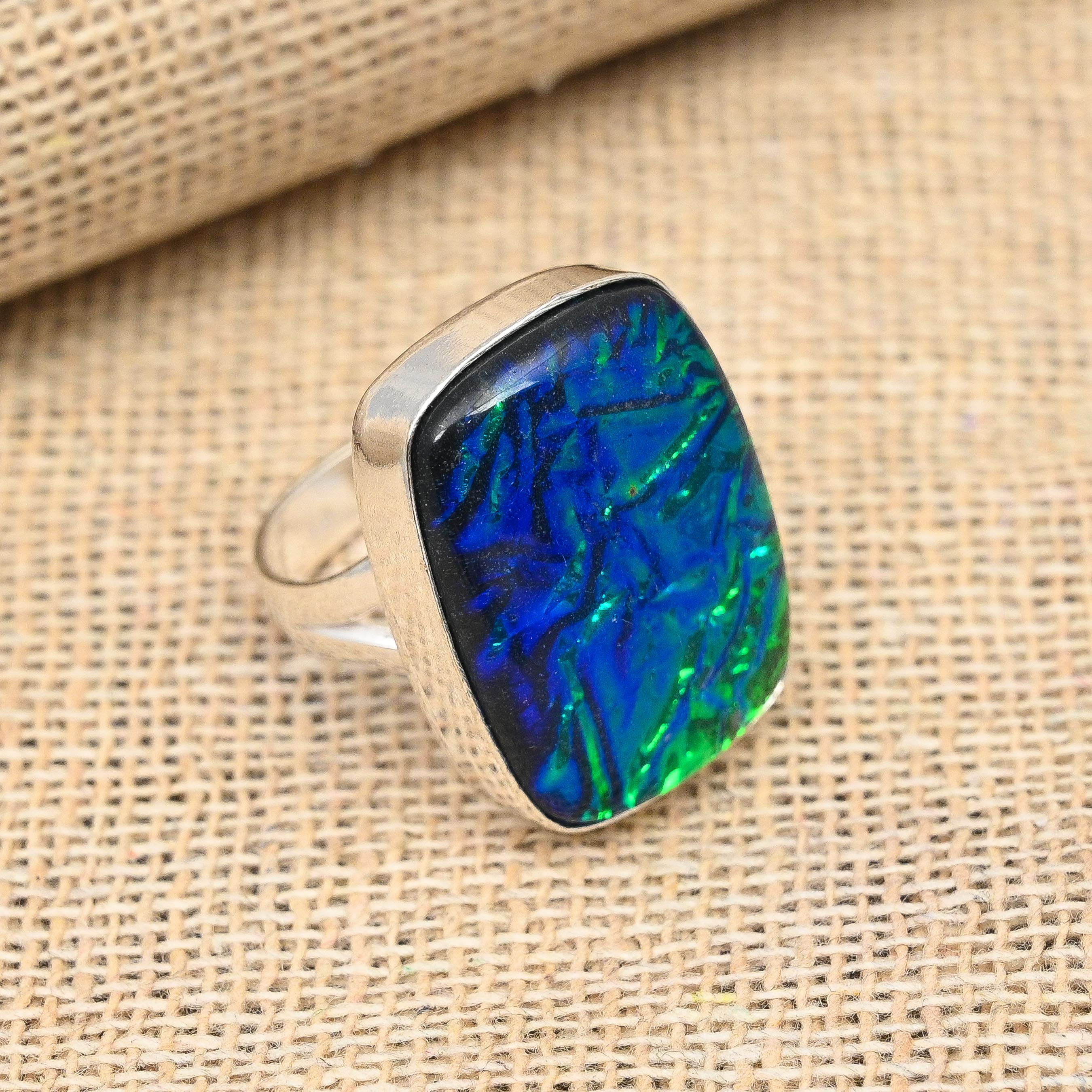 Blauer australischer Triplet-Opal-Edelstein-handgefertigter Schmuckring aus 925er Sterlingsilber