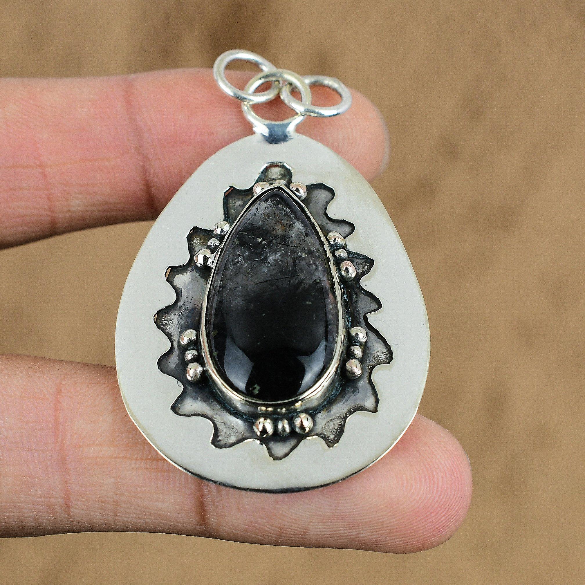925 Sterling Silver Pear Black Rutile Stone Unique Handcrafted Daughter Pendant