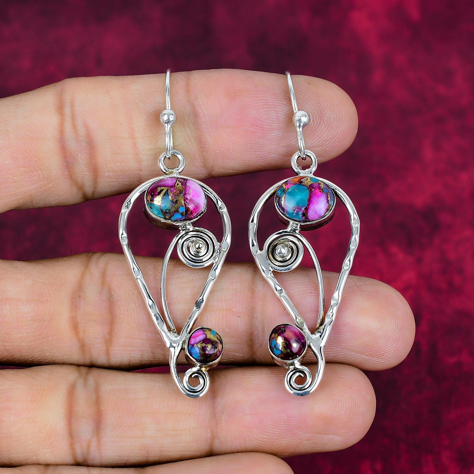 Copper Spiny Oyster Turquoise Earrings, 925 Solid Sterling Silver Gemstone Jewelry, Handmade Earrings, For Memorial Day