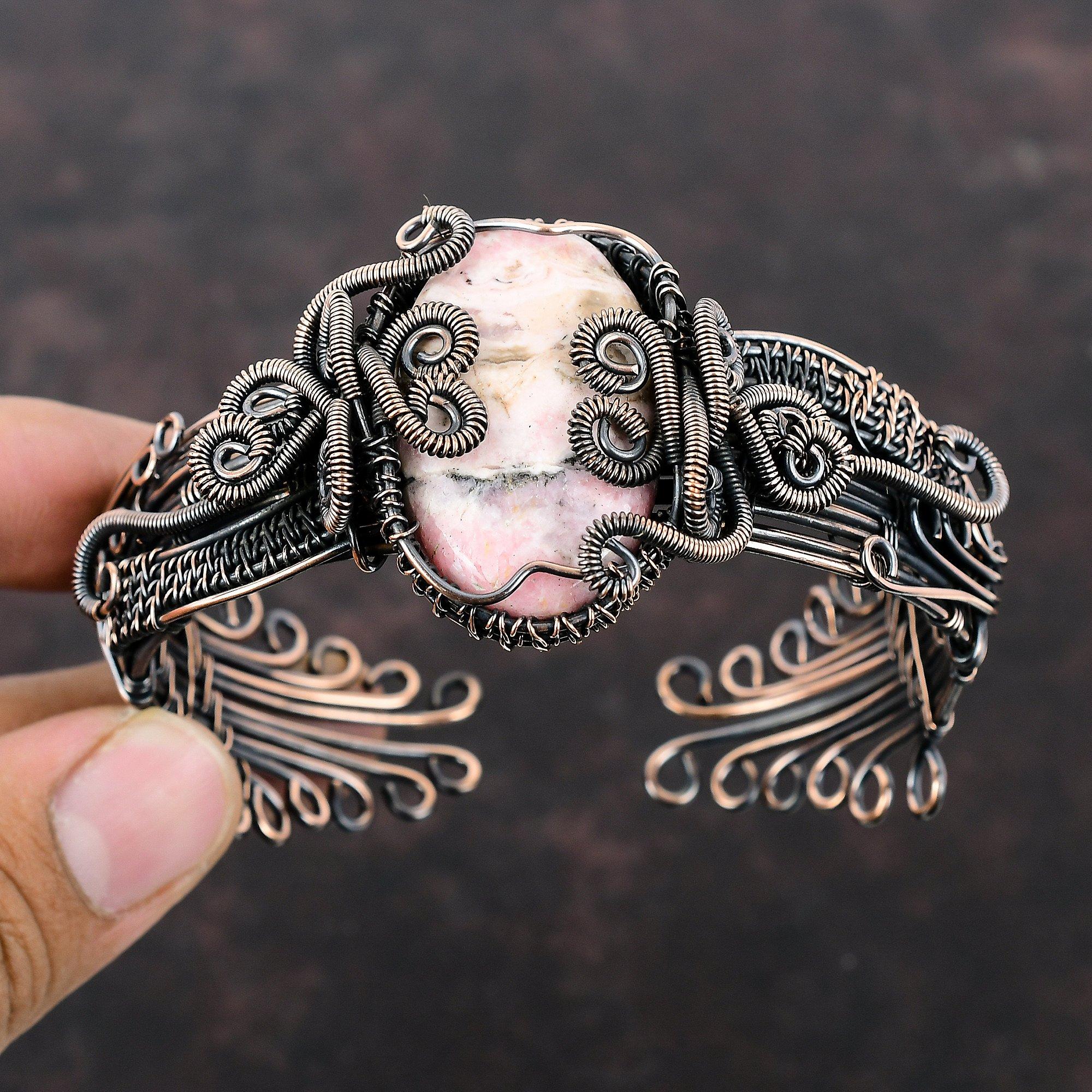 Rhodochrosite Cuff Bracelet Copper Wire Wrapped Bangle Adjustable Cuff Bracelet Gemstone Bangle Handmade Copper Wire Jewelry Gift For Mother
