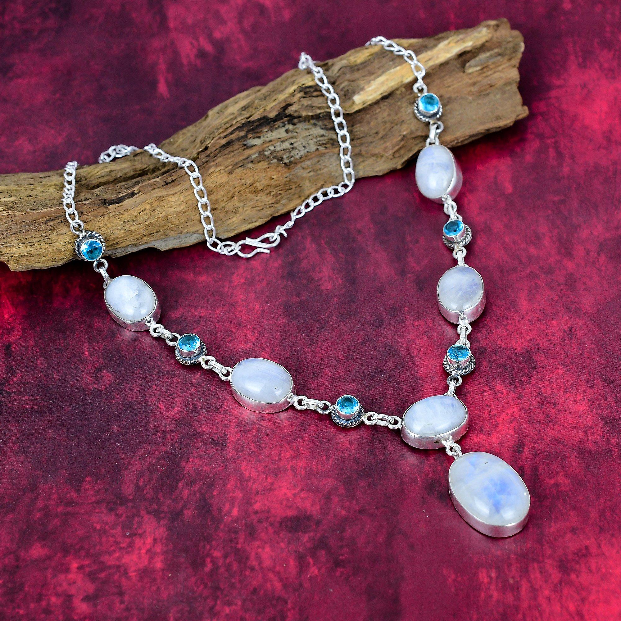 Moonstone & Blue Topaz Necklace Gemstone Jewelry, 925 Solid Sterling Silver Necklace, Handmade Jewelry Birthstone Necklace, Gift For Him