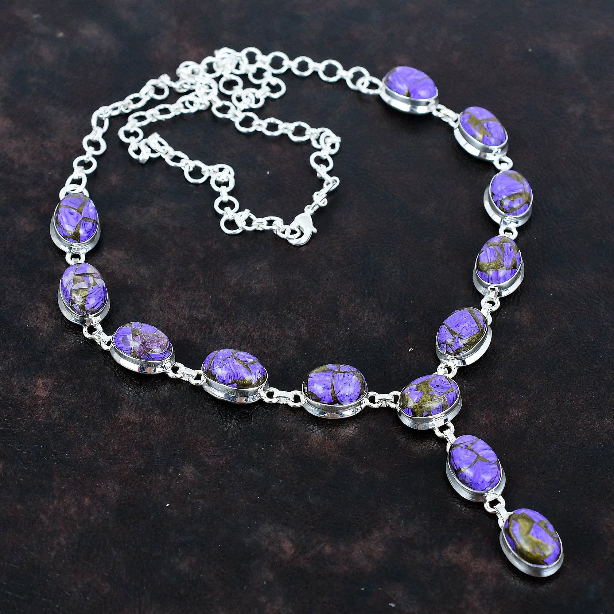 Copper Charoite Necklace Original Gemstone Necklace 925 Sterling Silver Necklace Adjustable Chain Necklace Handmade Jewelry Gifts for Mother