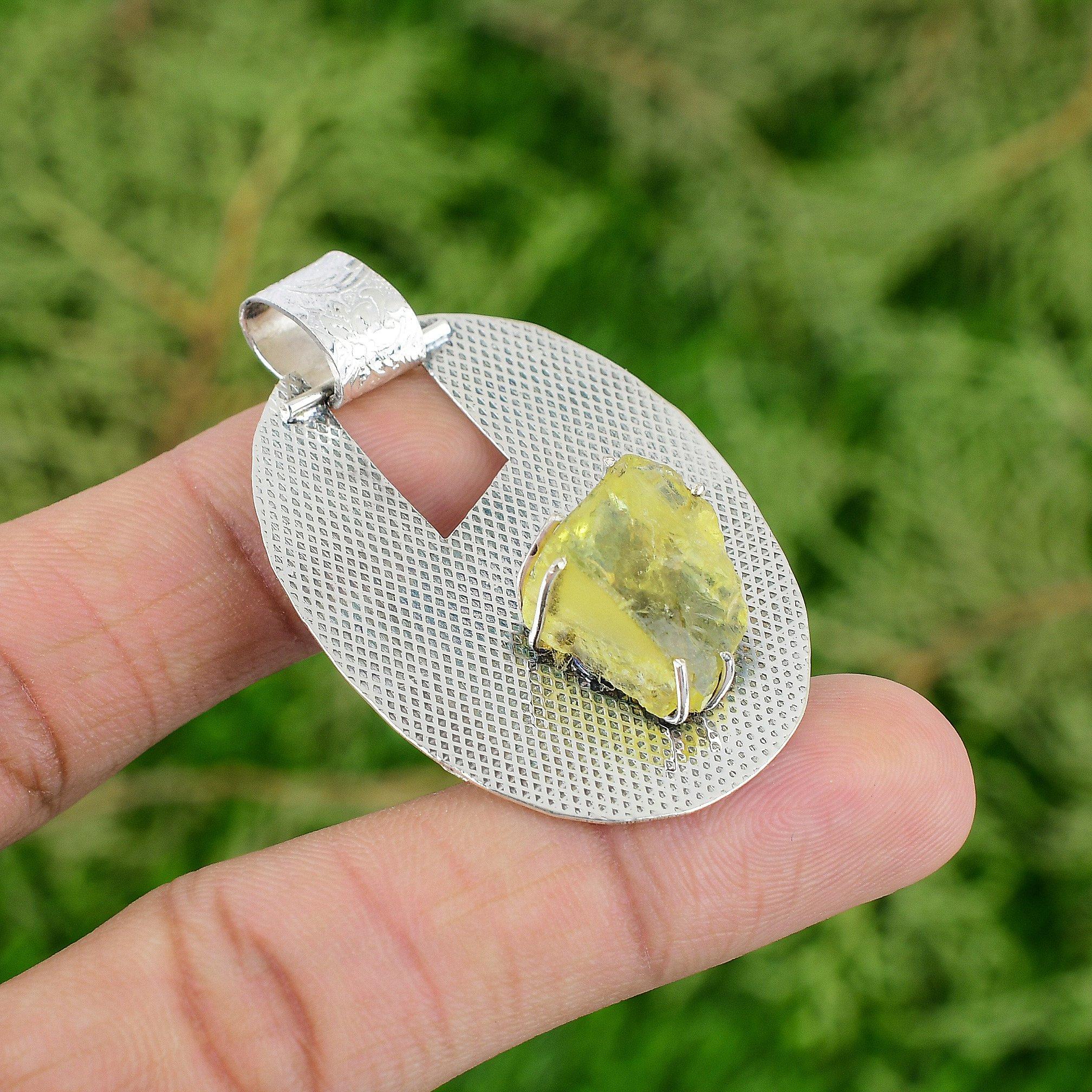 Octagon Natural Lemon Topaz Rough Sterling Silver Anniversary Pendant Jewelry
