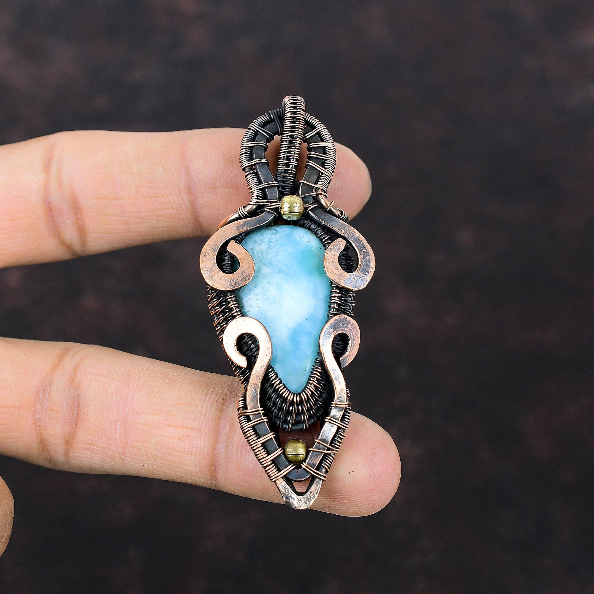 Larimar Pendant Copper Wire Wrapped Jewelry Natural Gemstone Pendant Handmade Wire Wrap Pendant Larimar Jewelry Copper Pendant Wedding Gift