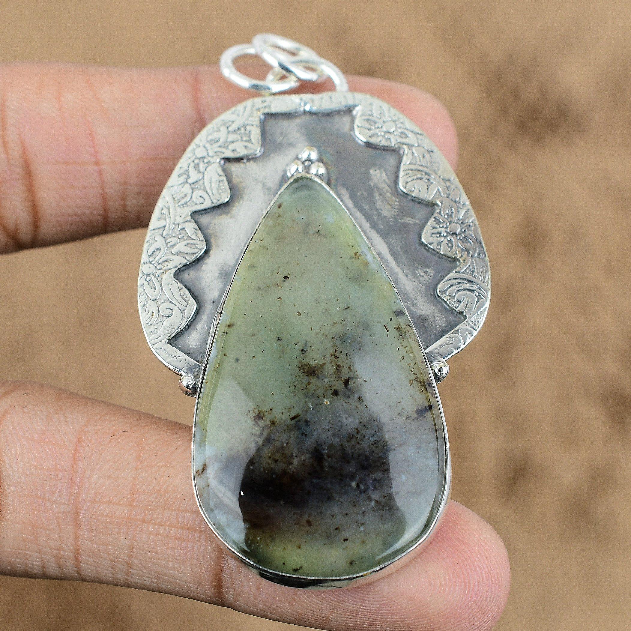 Birthday Gift For Her Natural Moss Prehnite Gemstone Pendant 925 Sterling Silver