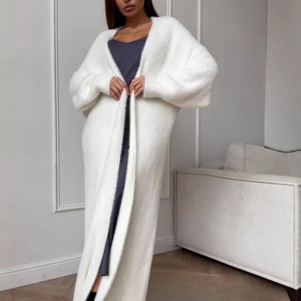 Faux Nerz Weiß Gestrickter Cardigan Mantel Damen Herbst Winter Locker Flauschig Lang Übergröße Flauschiger Plüsch Pullover Jacke