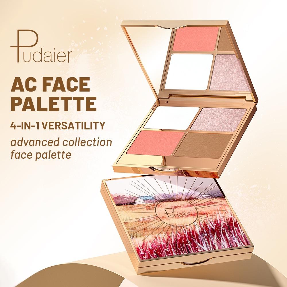 Four-in-one Multi-functional Facial Palette Pearlescent Matte Highlight Blush Concise Tray Waterproof Velvet Eye Shadow Palette
