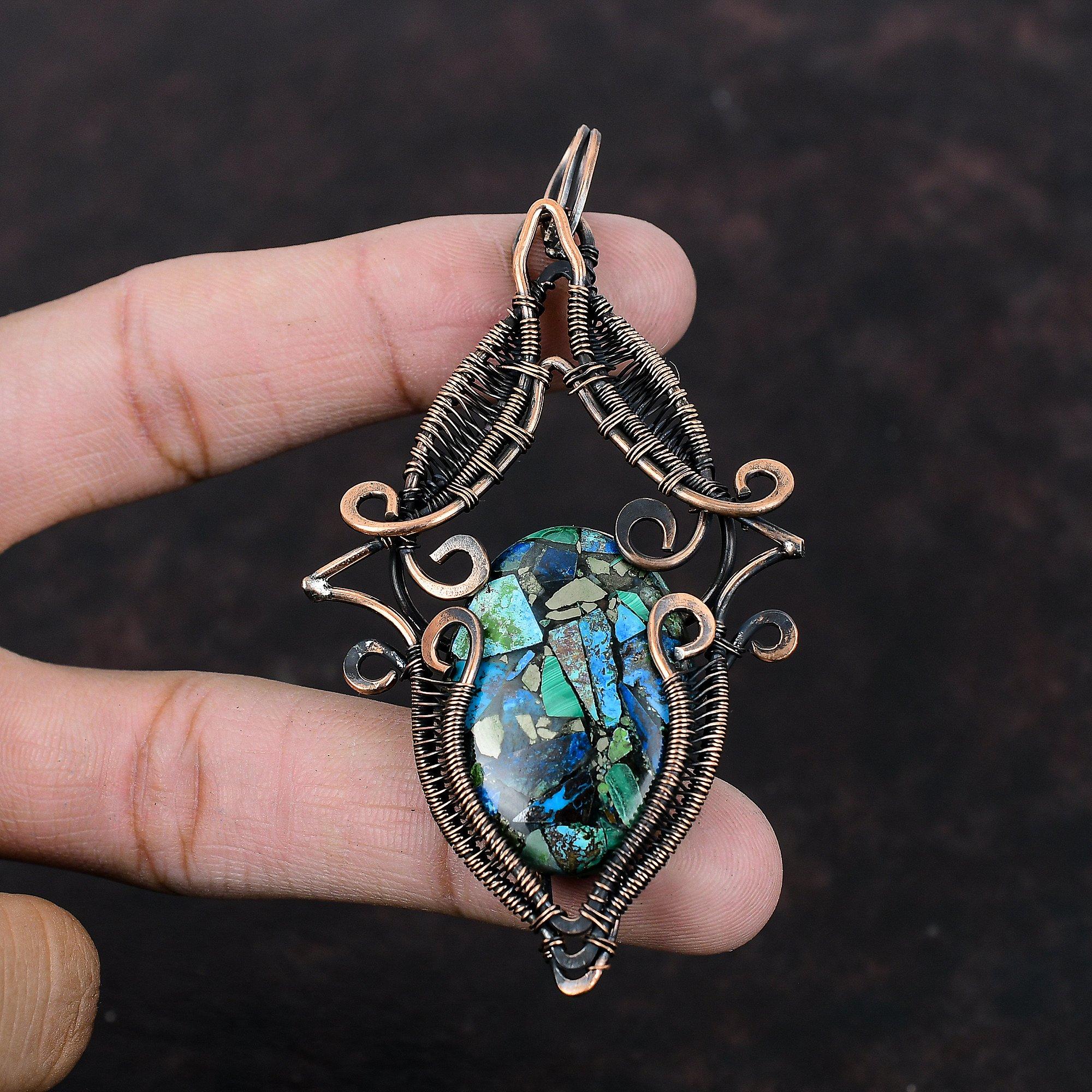 Kupfer Azurit Malachit Anhänger Kupferdraht umwickelter Anhänger Handgefertigter Edelsteinschmuck Brandneuer Anhänger Erstaunlicher Kupferschmuck Geschenk für Ihn