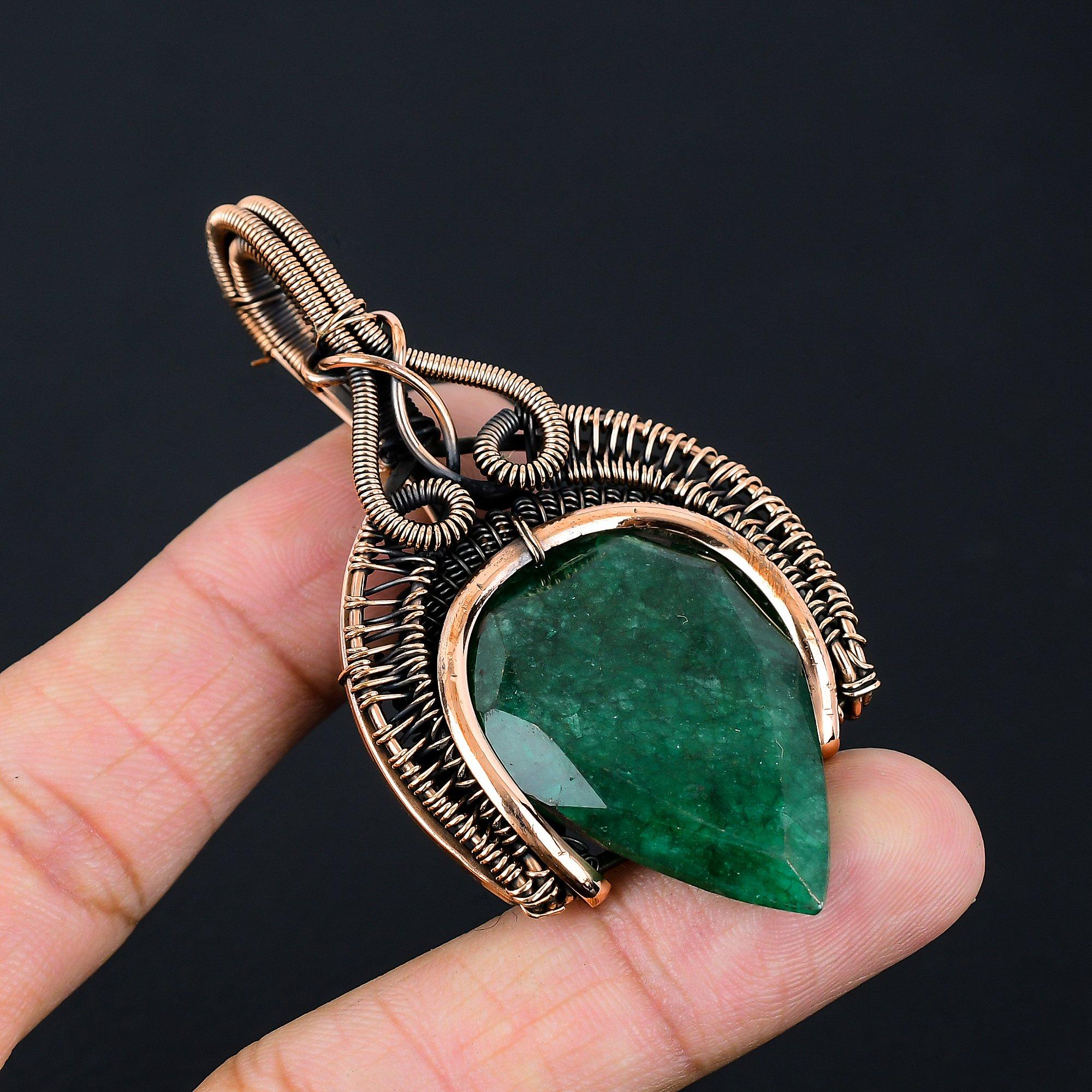 Lab-Created Emerald Gemstone Handmade Pure Copper Wire Wrapped Pendant Jewelry