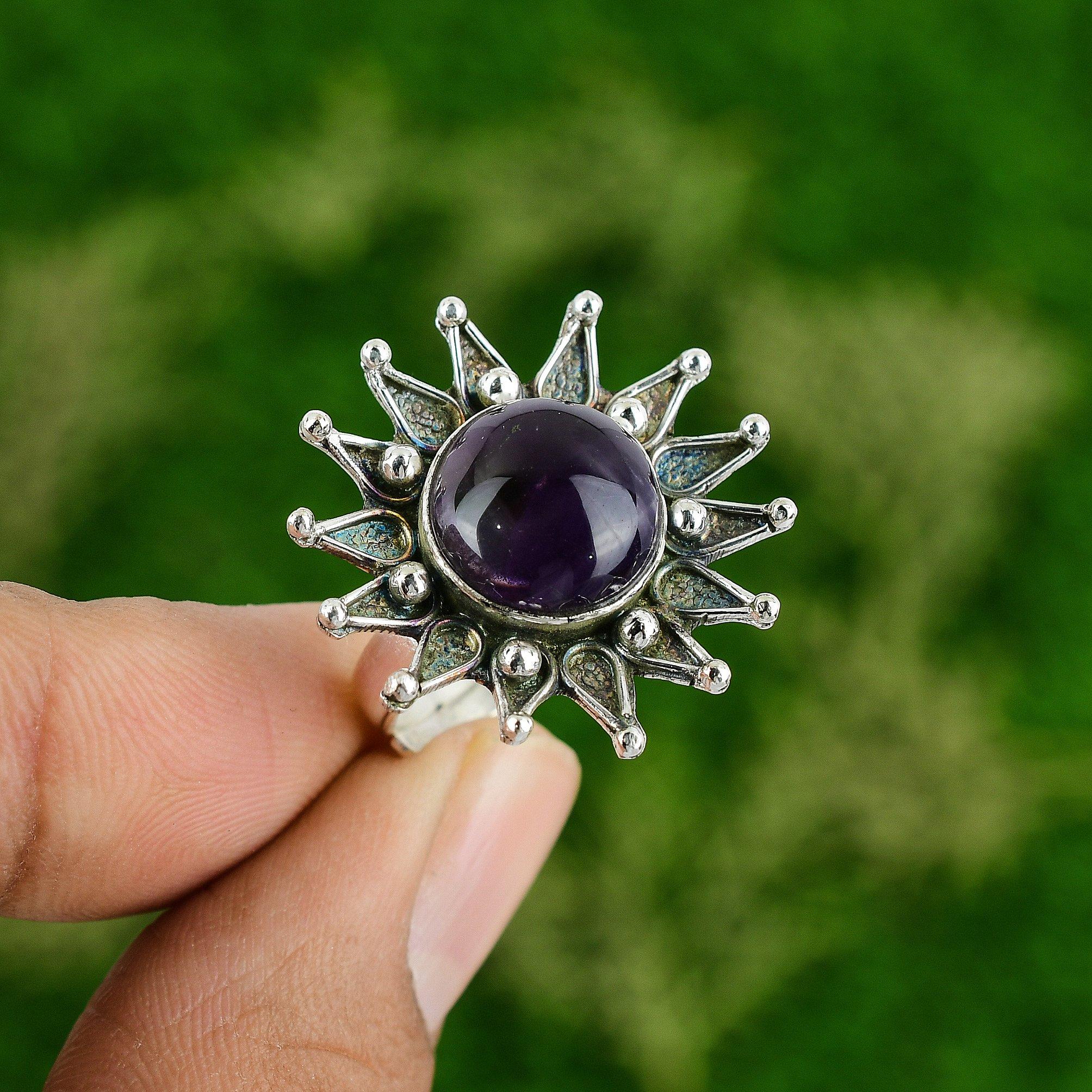 925 Silver Crown Chakra African Amethyst Stone Flower New Statement Ring Jewelry