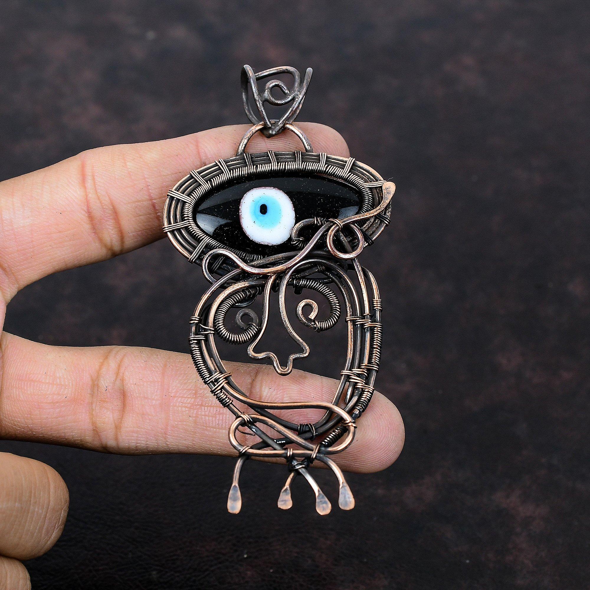 Pandantiv Ochi Rău Culoare Neagră Bijuterii Înfășurate în Sârmă de Cupru Pandantiv Piatră Prețioasă Naturală Pandantiv Sârmă de Cupru Cadou Pentru El Pandantiv Uimitor Făcut Manual