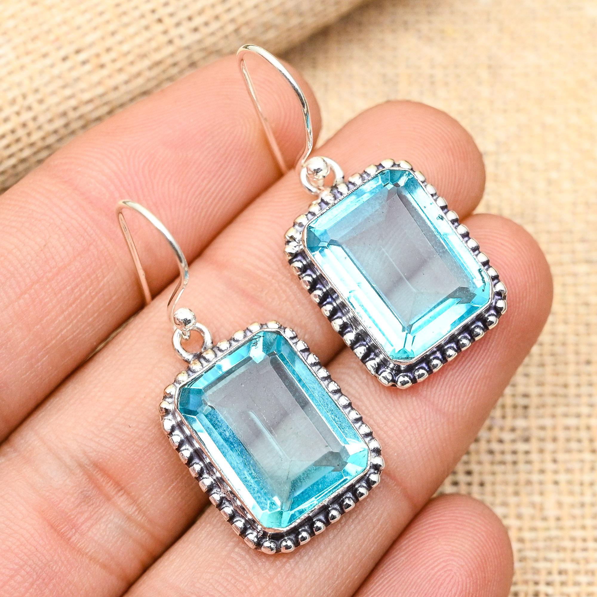 Blue Topaz Gemstone Handmade 925 Solid Sterling Silver Earrings For Wedding Gift