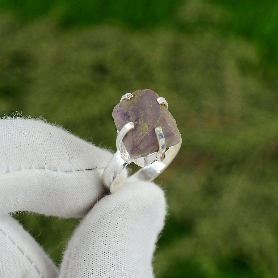 Natural Amethyst Rough Gemstone 925 Silver Stackable Ring Size 8 For Women