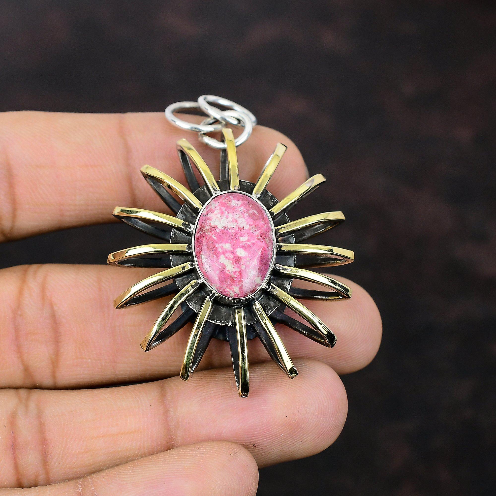 Thulite Pendant 925 Sterling Silver Pendant Unique Gemstone Handmade Jewelry 18K Gold Plated Pendant Cage Pendant Statement Jewelry For Gift