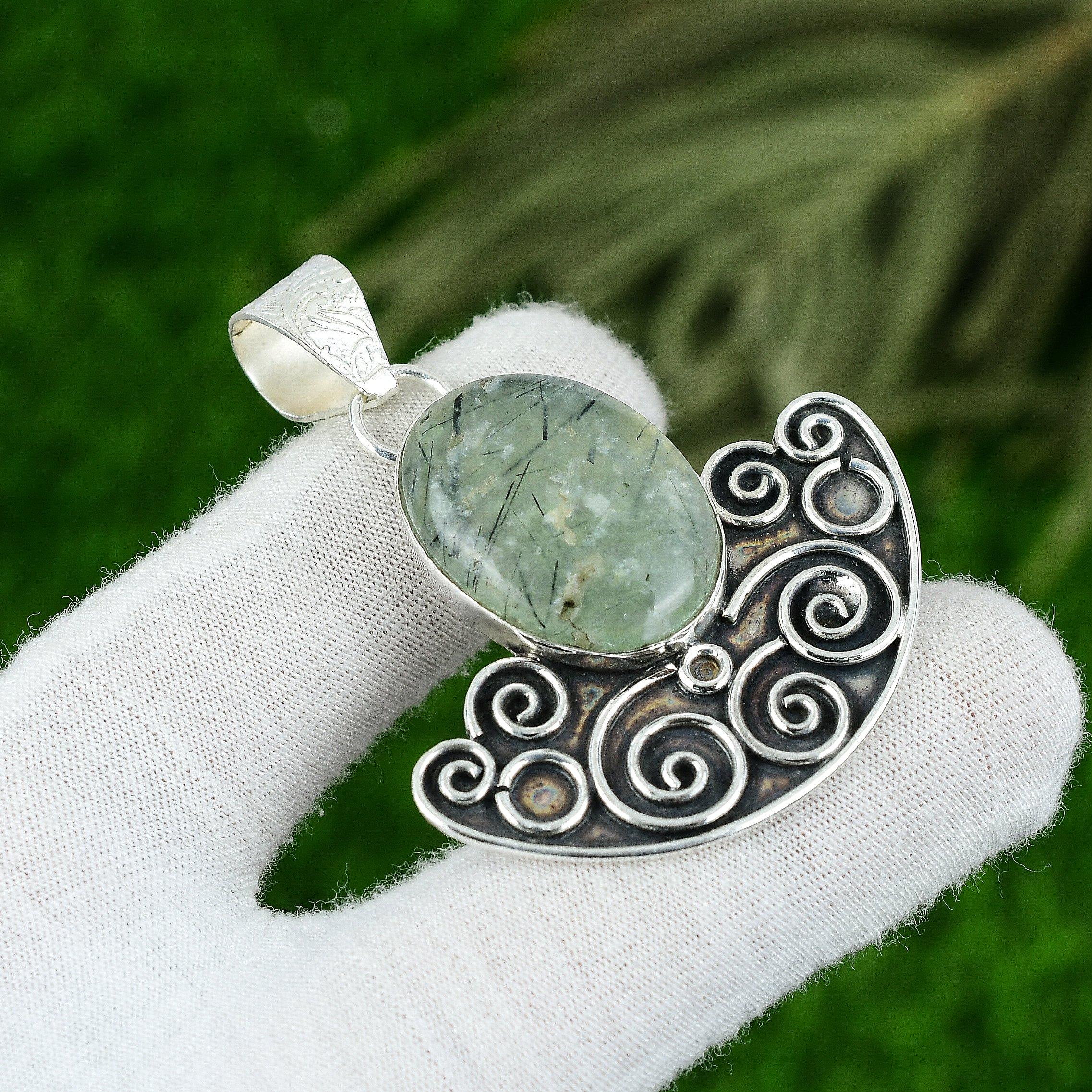Natural Moss Prehnite Gemstone Pendant 925 Sterling Silver Jewelry For Girls