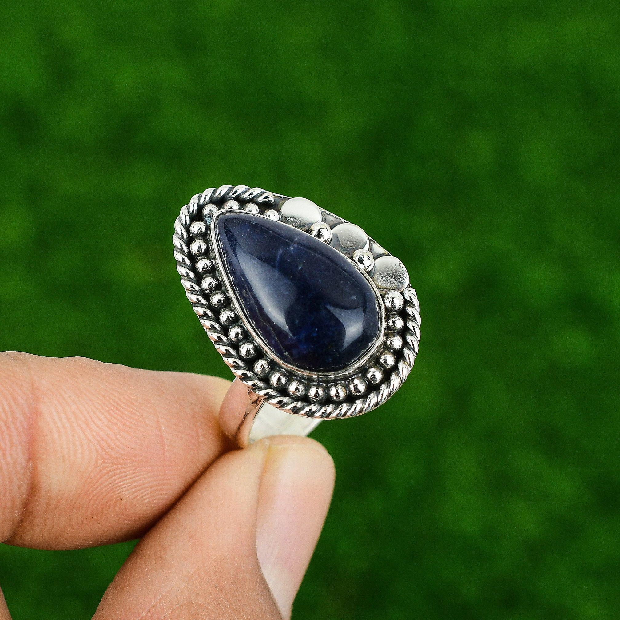 Sodalite Gemstone 925 Silver Engagement Handmade Statement Bezel Ring Jewelry
