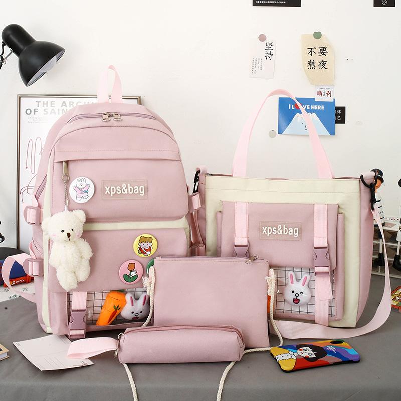 Elementary Students Lightweight 4 PCS Backpack Female Waterproof Canvas Large Capacity School Bags with Tutoring Bag Pencil Case