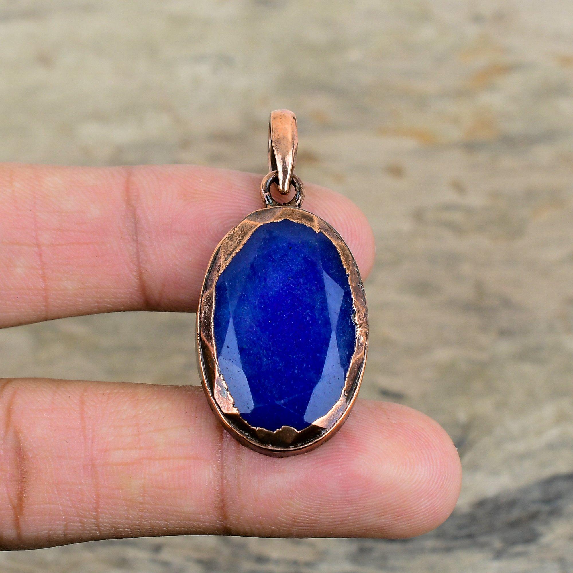 Pandantiv Safir Albastru Fațetat Pandantiv Cupru Electroformat Bijuterii cu Piatră Prețioasă Autentică Pandantiv Făcut Manual Bijuterii Frumoase din Cupru Cadouri Pentru Ea