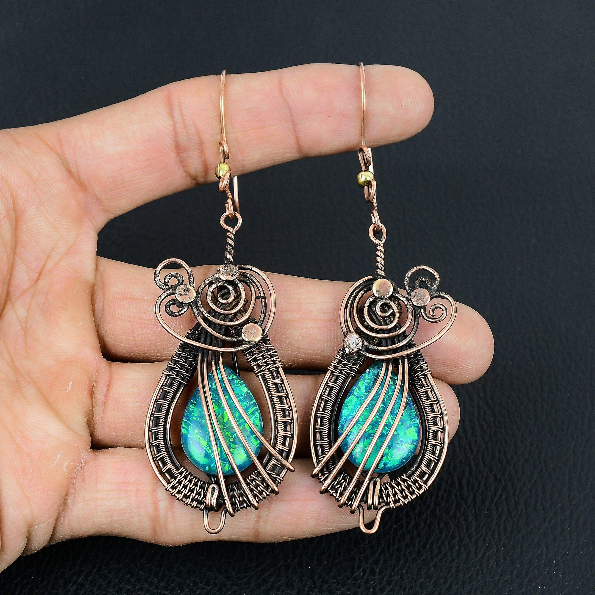 Australischer Triplet-Opal-Edelstein, handgefertigt, aus reinem Kupferdraht, umwickelte Ohrringe, Schmuck