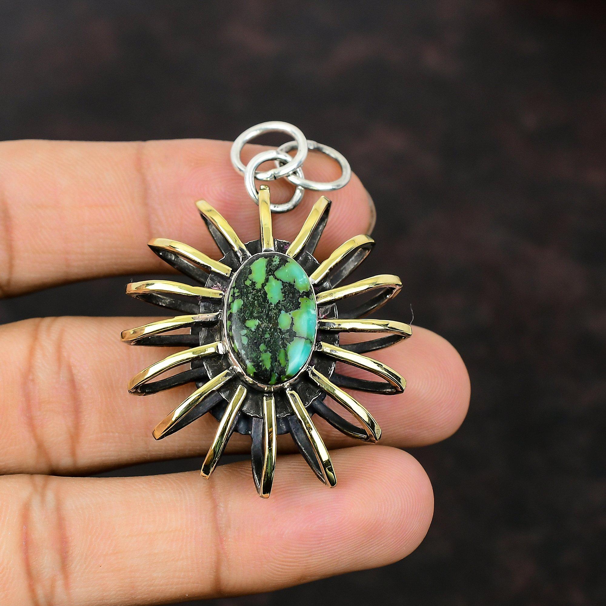Tibetan Turquoise Pendant 925 Sterling Silver Pendant 18K Gold Plated Pendant Handmade Cage Jewelry Gift For Women Designer Gemstone Jewelry