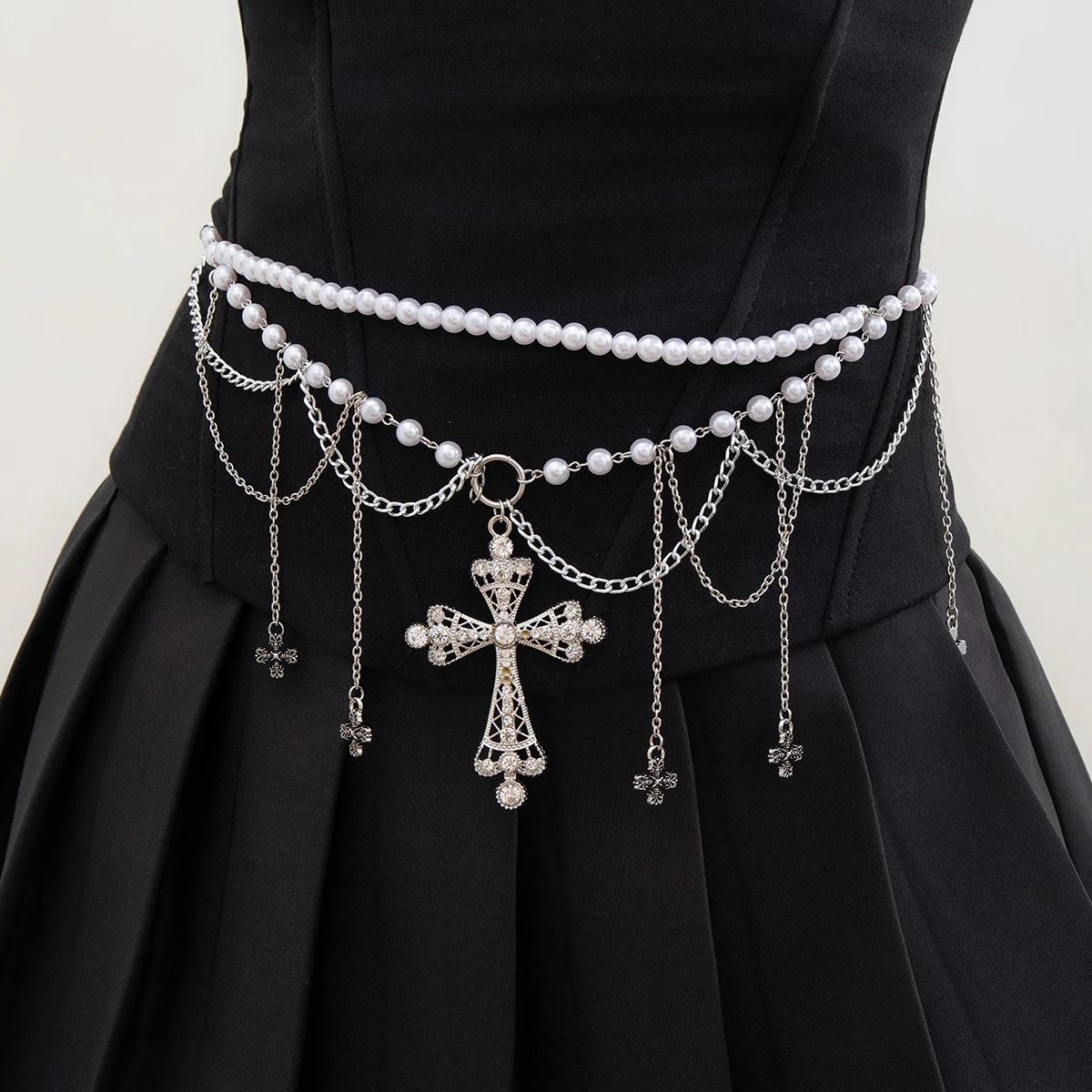 Gothic Imitation Pearl Cross Tassel Belly Waist Chain for Women Beaded Beach Bikini Body Chain Sexy Jewelry Party Accessories