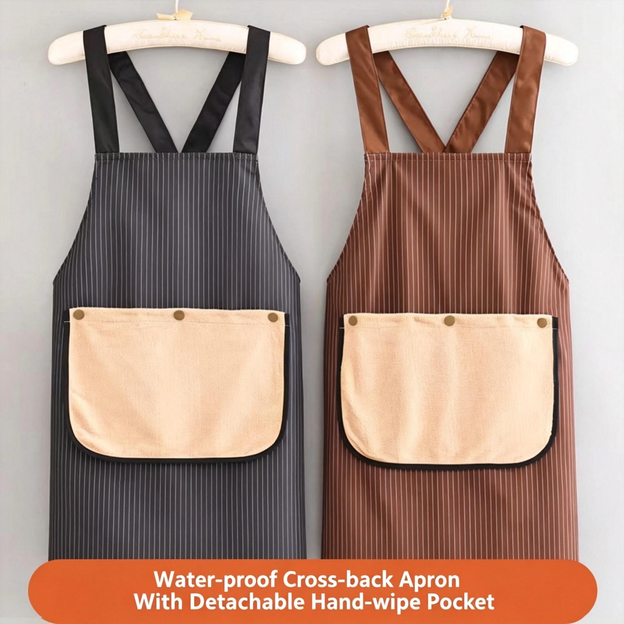 Waterproof Canvas Apron With Detachable Hand‑Wiping Towel, Striped Cross‑Back Cooking Apron for Kitchen Catering Work
