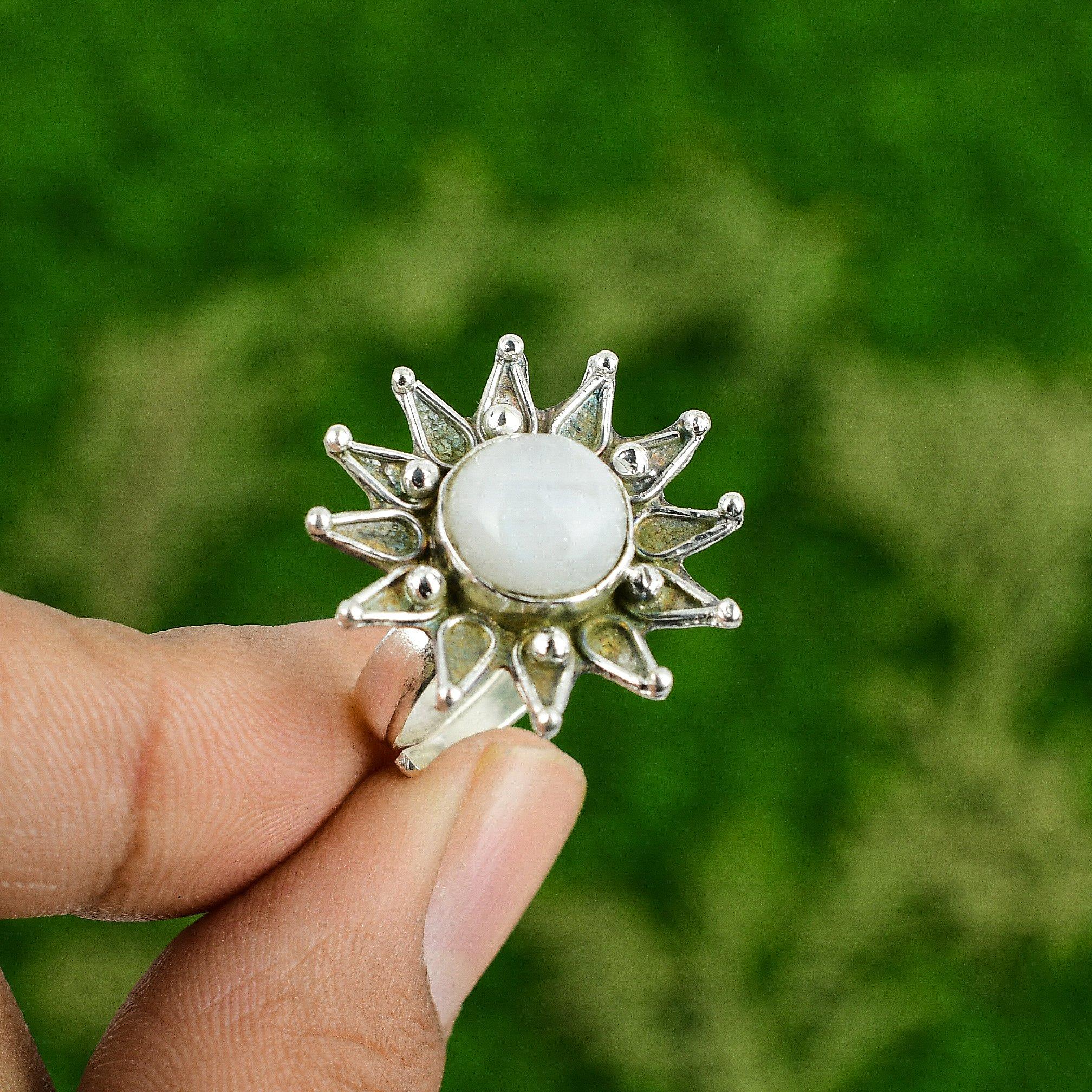 Womens day Deal Rainbow Moonstone Stone Promise Flower Ring Jewelry 925 Silver