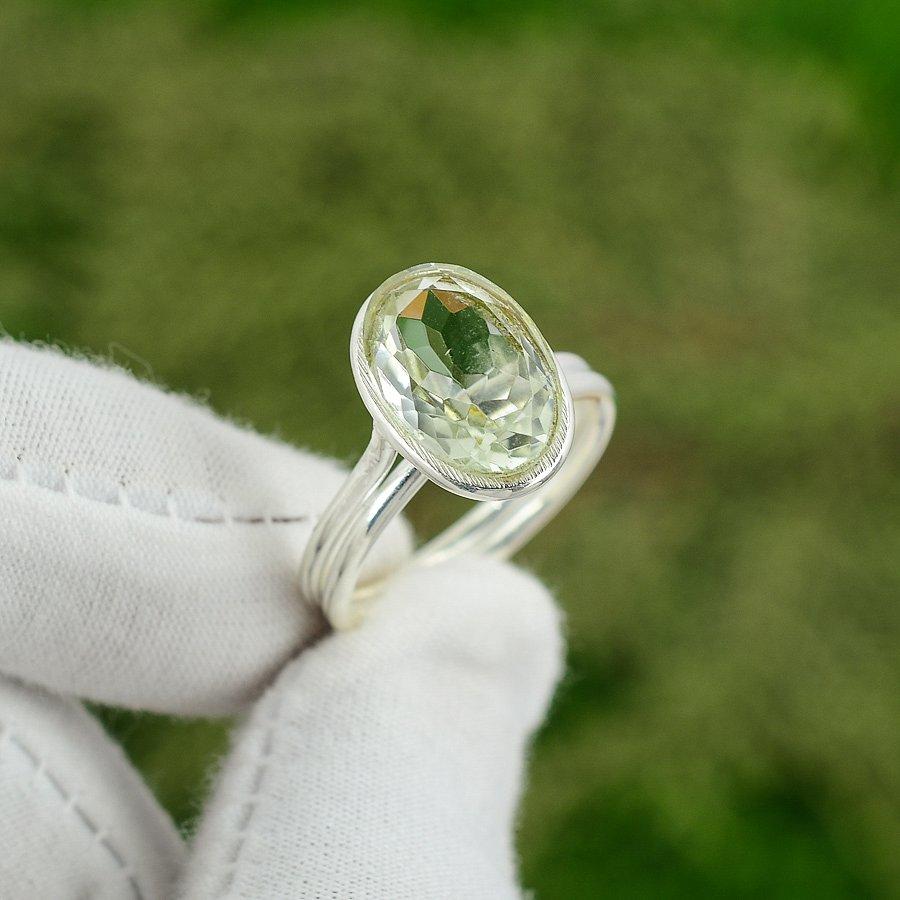 Sterling Silver Green Amethyst Stone Wife Statement Bezel Boho Ring Jewelry US 9